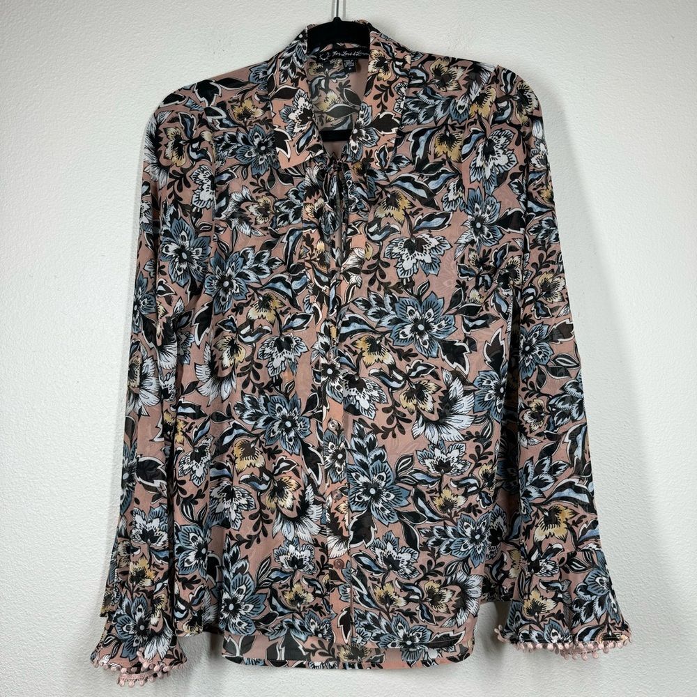 For Love & Lemons Gracie Top Pink Floral Button Up Blouse Mesh Long Sleeve M